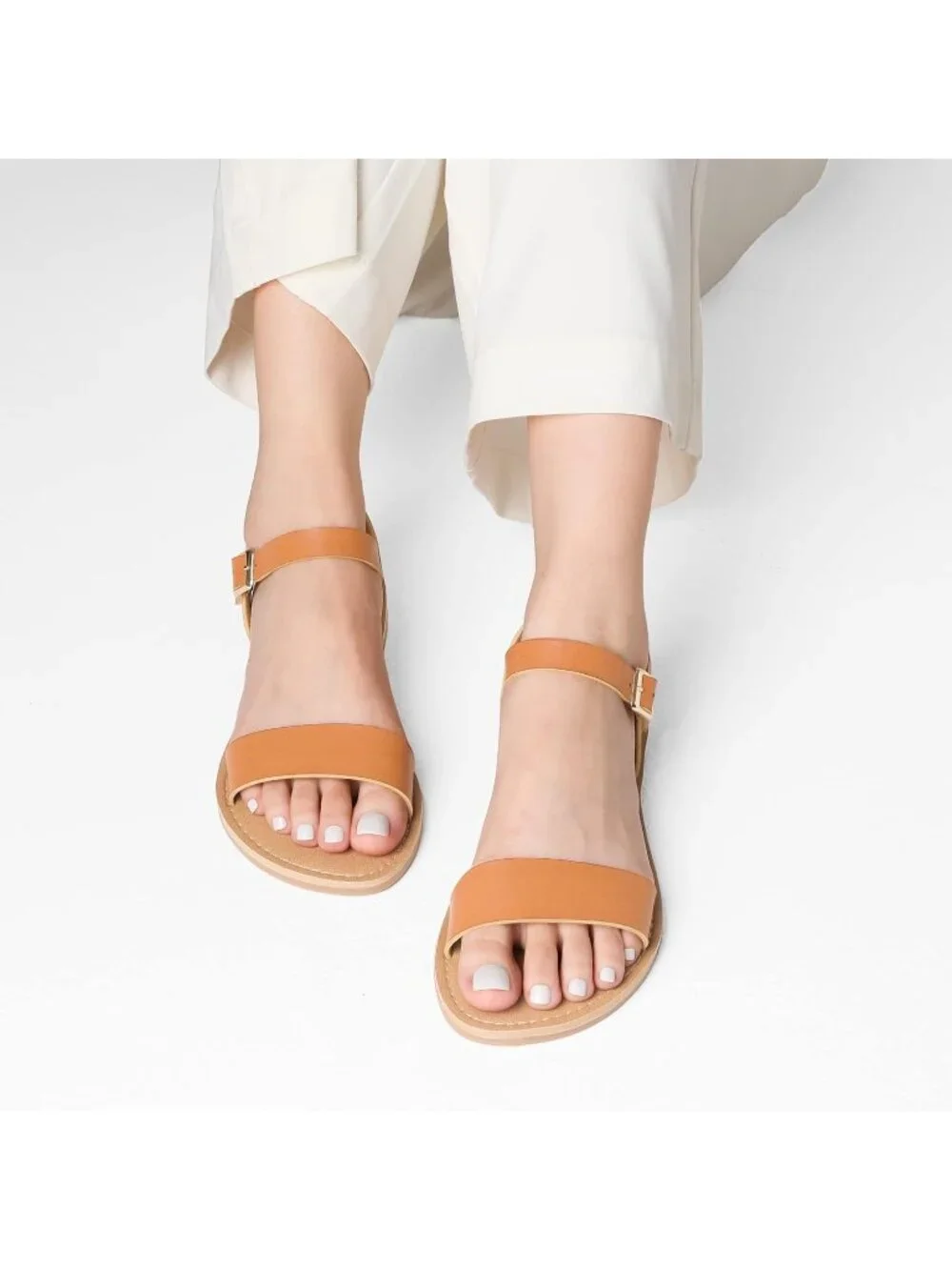Women's Tan Flat Sandal Open Toe Ankle Strap Faux Leather Non Slip Shoes